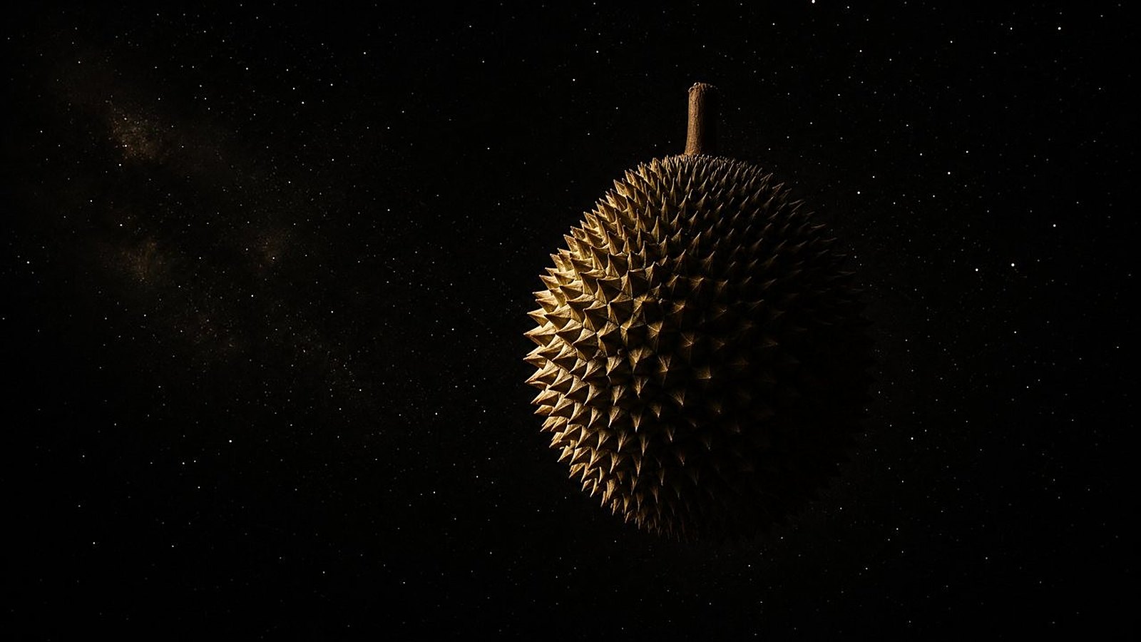 A whole durian lit against a starfield — durian, the galaxy