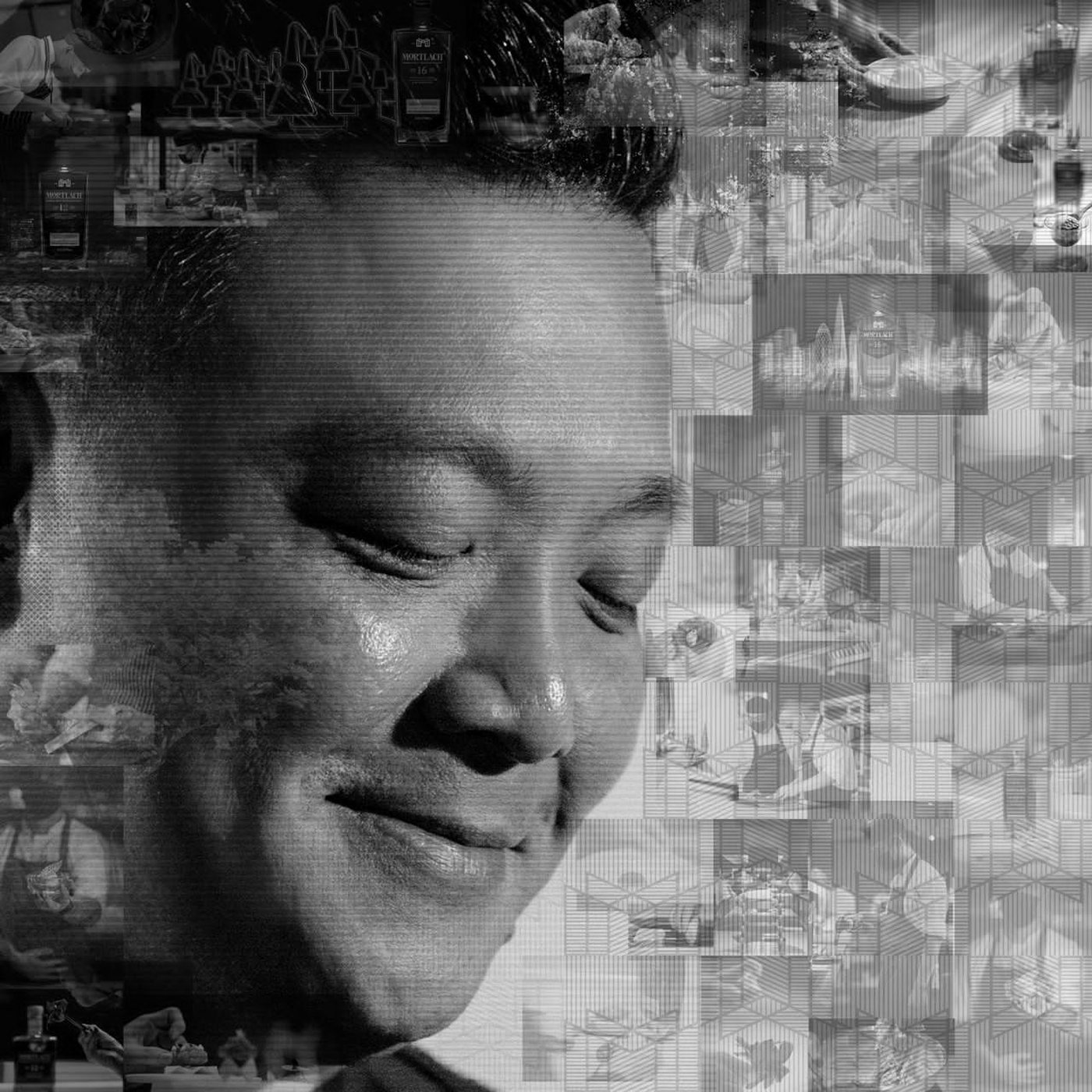 Composite portrait of James Won — eyes closed, half-smile, the Mortlach 16 bottle in the upper-left mosaic, kitchen and dining moments composited around the central frame.