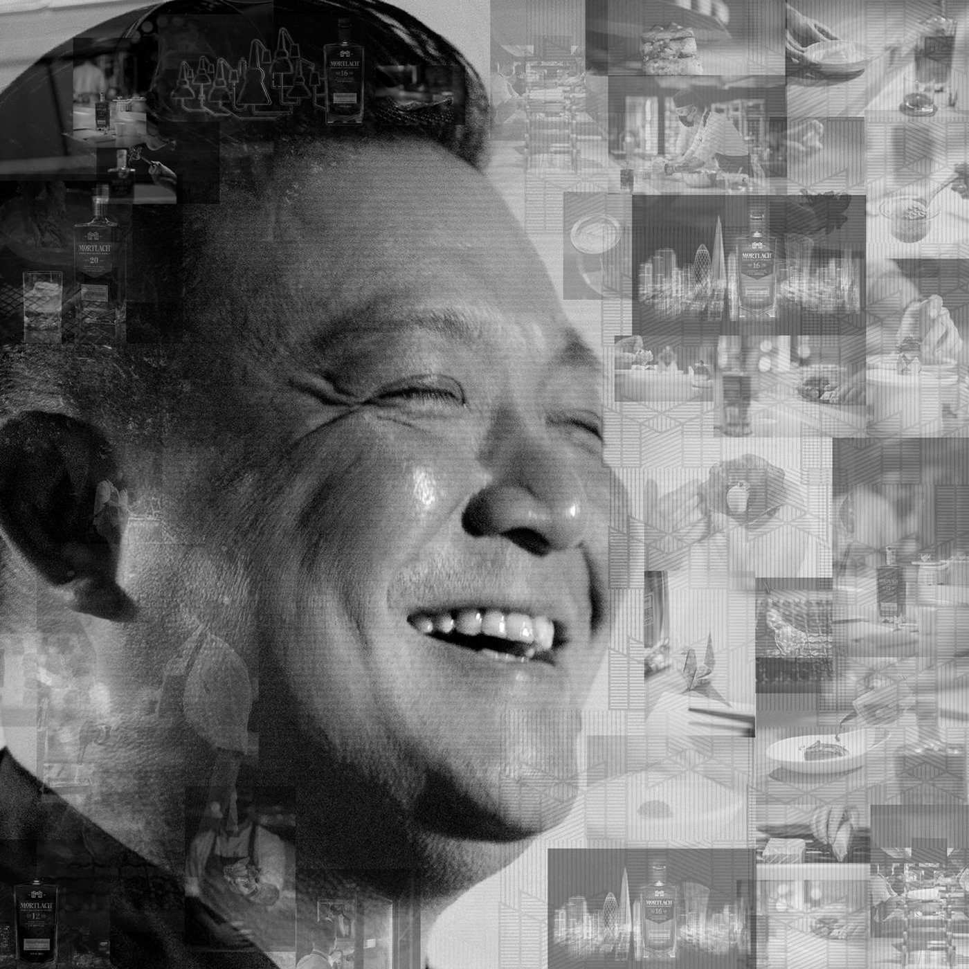 Composite portrait of James Won — warm laughter, mosaic of Mortlach Room moments and dishes behind him.