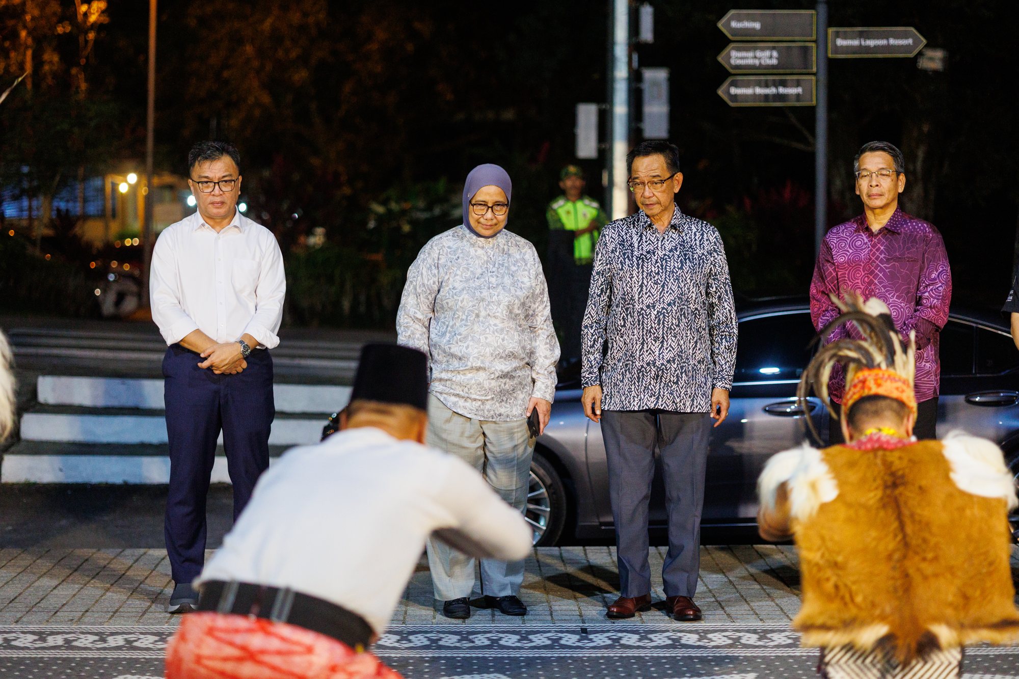 Guests arriving at the Kuching Finale at Sarawak Cultural Village, welcomed with a traditional greeting, with James Won.