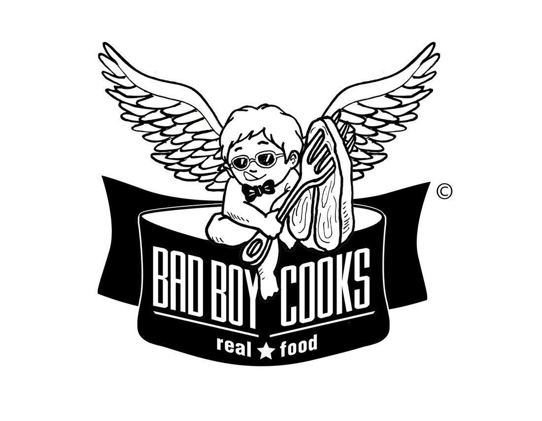 The BadBoyCooks Diner cherub-chef logo — a winged cherub in sunglasses and bow-tie holding a marbled steak on a banner, beneath the words BAD BOY COOKS — REAL FOOD.
