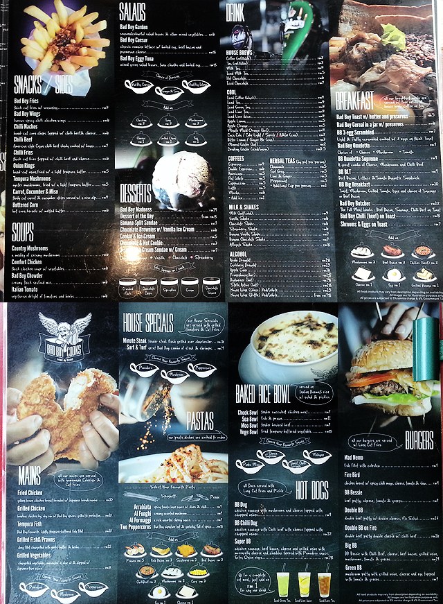 The full BadBoyCooks Diner menu: snacks, salads, soups, desserts, drinks, breakfast, house specials, pastas, baked rice bowls, hot dogs and burgers.