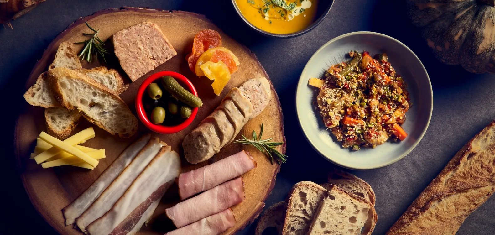 Bouchon Enfin charcuterie board — Mr Kuan's smoked ham and bacon, parfait, pickles, and sourdough.
