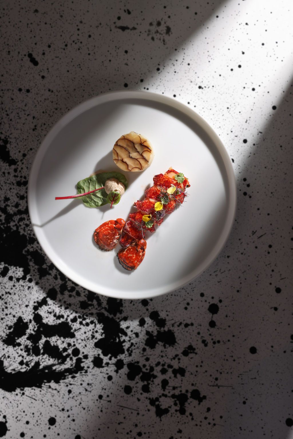 Blue lobster, shell and coral mousse, confit cherry tomatoes, fondant potato, shiitake mushroom.