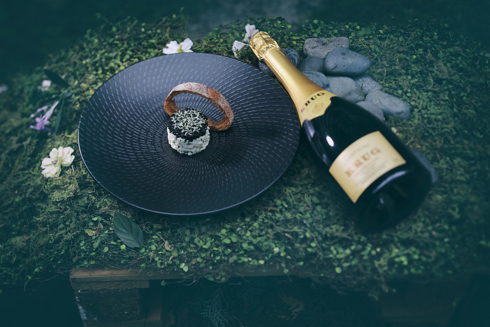 Krug Degustation course one — caviar, egg white, sourdough crust.