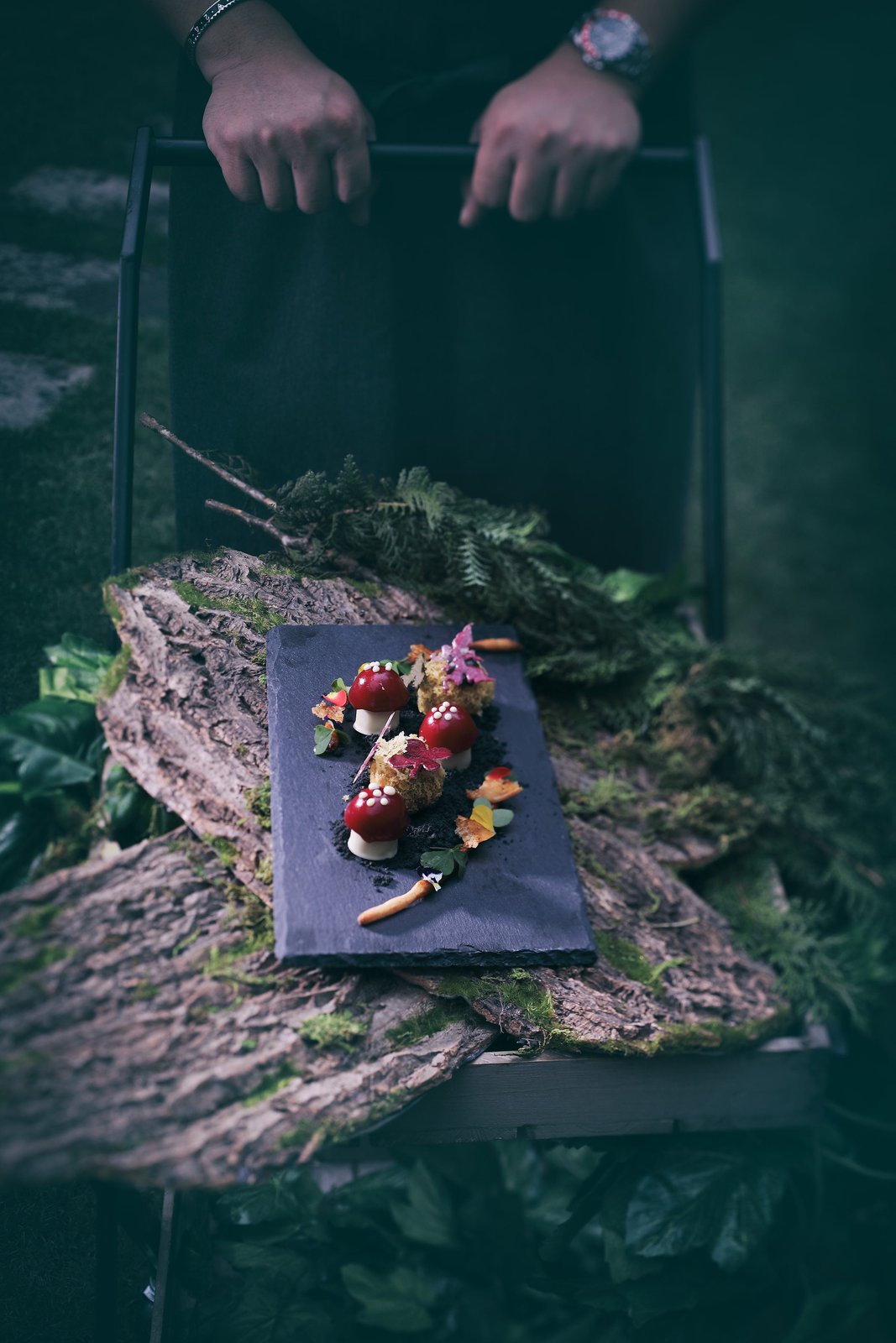 Krug Degustation amuse bouche — mushroom-foie cap with cherry gel, pine-nut stem with white cocoa, butterfly tuile, twigs with black-garlic olek, yam puff with ikura.