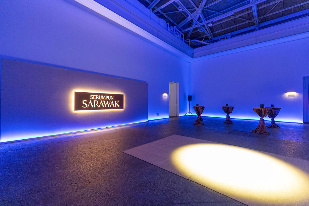 The Serumpun Sarawak room at Seaside Studio CASO, lit in blue