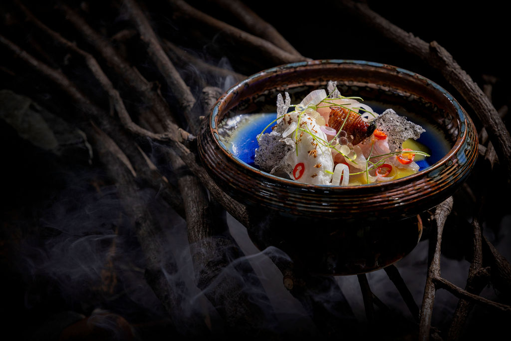Swordfish umai ceviche with weaver-ant coconut soufflé and tebaloi cracker.