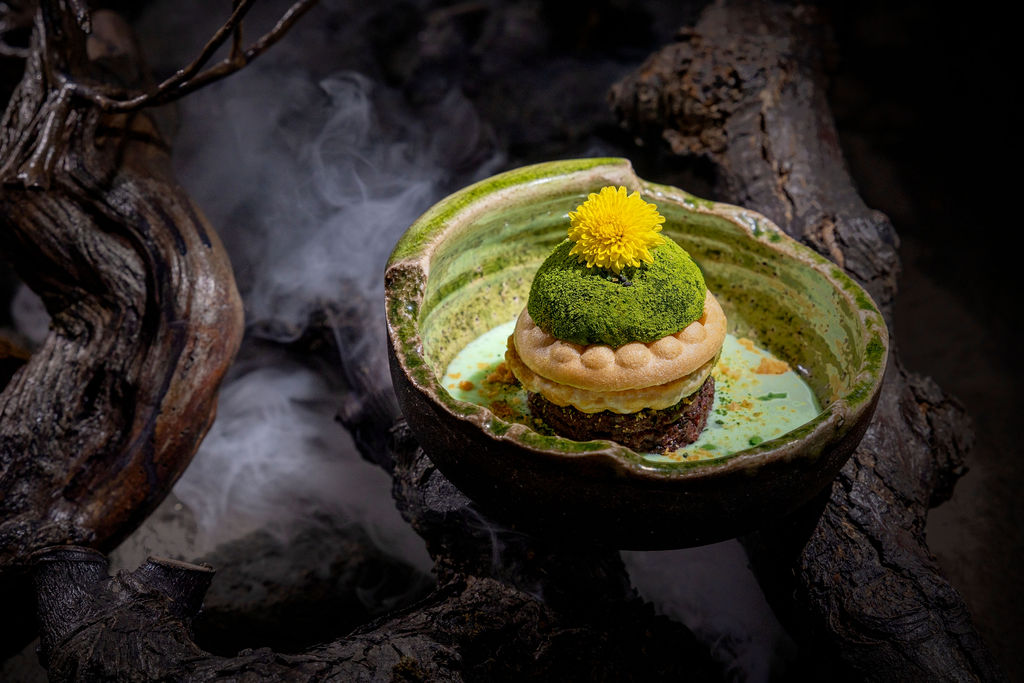 Black rice kuih, matcha warabi mochi, coconut sorbet, soy-caramel sablé.