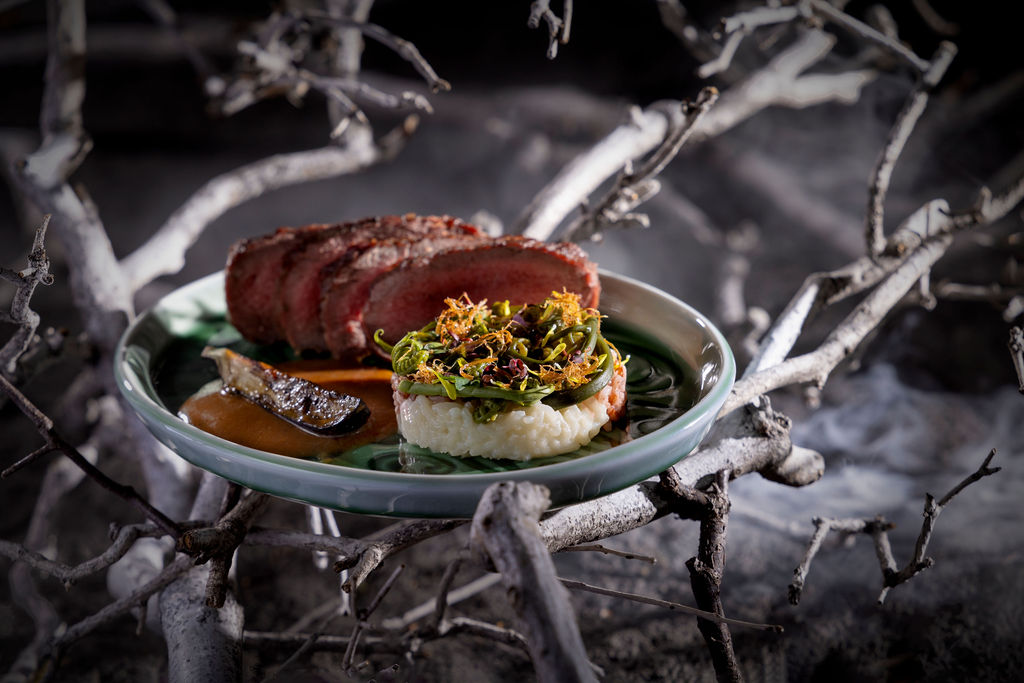 Aged venison on Bario rice risotto, mantecare with Engkabang butter, the Osaka Mountain course